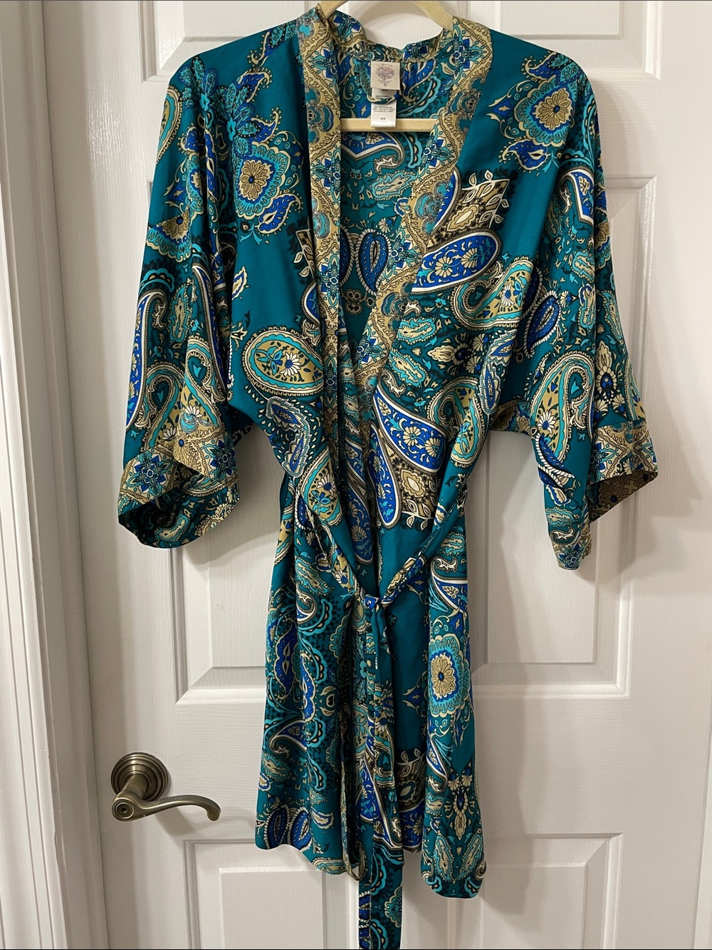 In Bloom Teal Paisley Kimono Robe with Gold Accents
